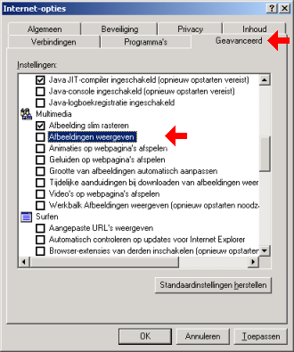 Scherm met Internet-opties, afbeeldingen uitschakelen